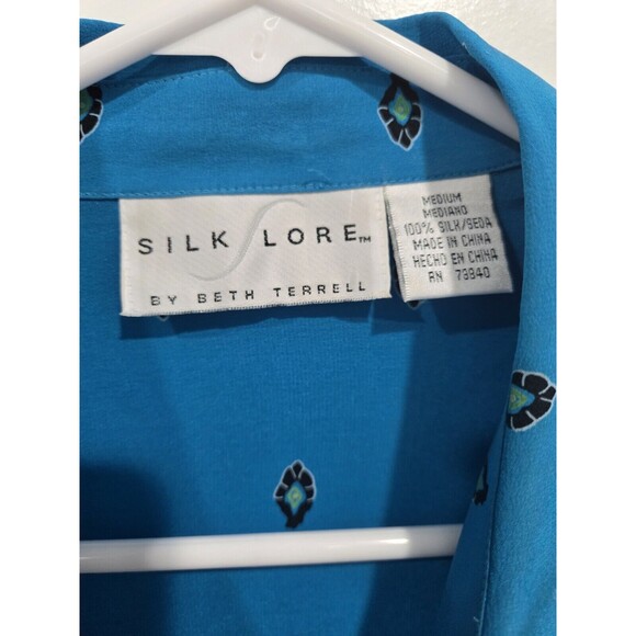 Silk‎ Lore Button Up Shirt Size M 100% Silk Long Sleeve Blue Print Blouse - Picture 3 of 8